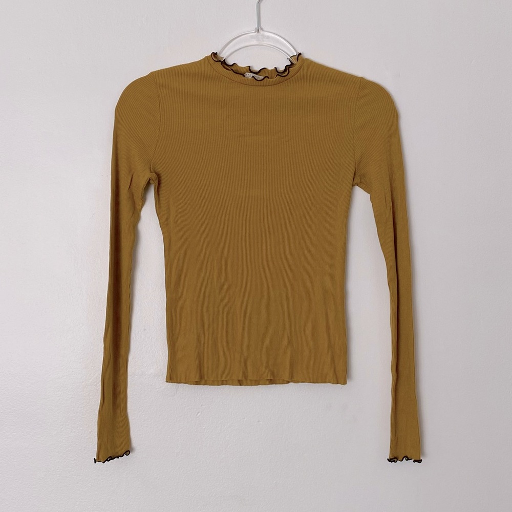 Mustard Color Long Sleeve Mock Neck Ruffled Hem Tee By Zara
